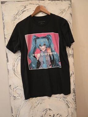 Hot Topic Black Tee with Blue and Pink Anime Graphic